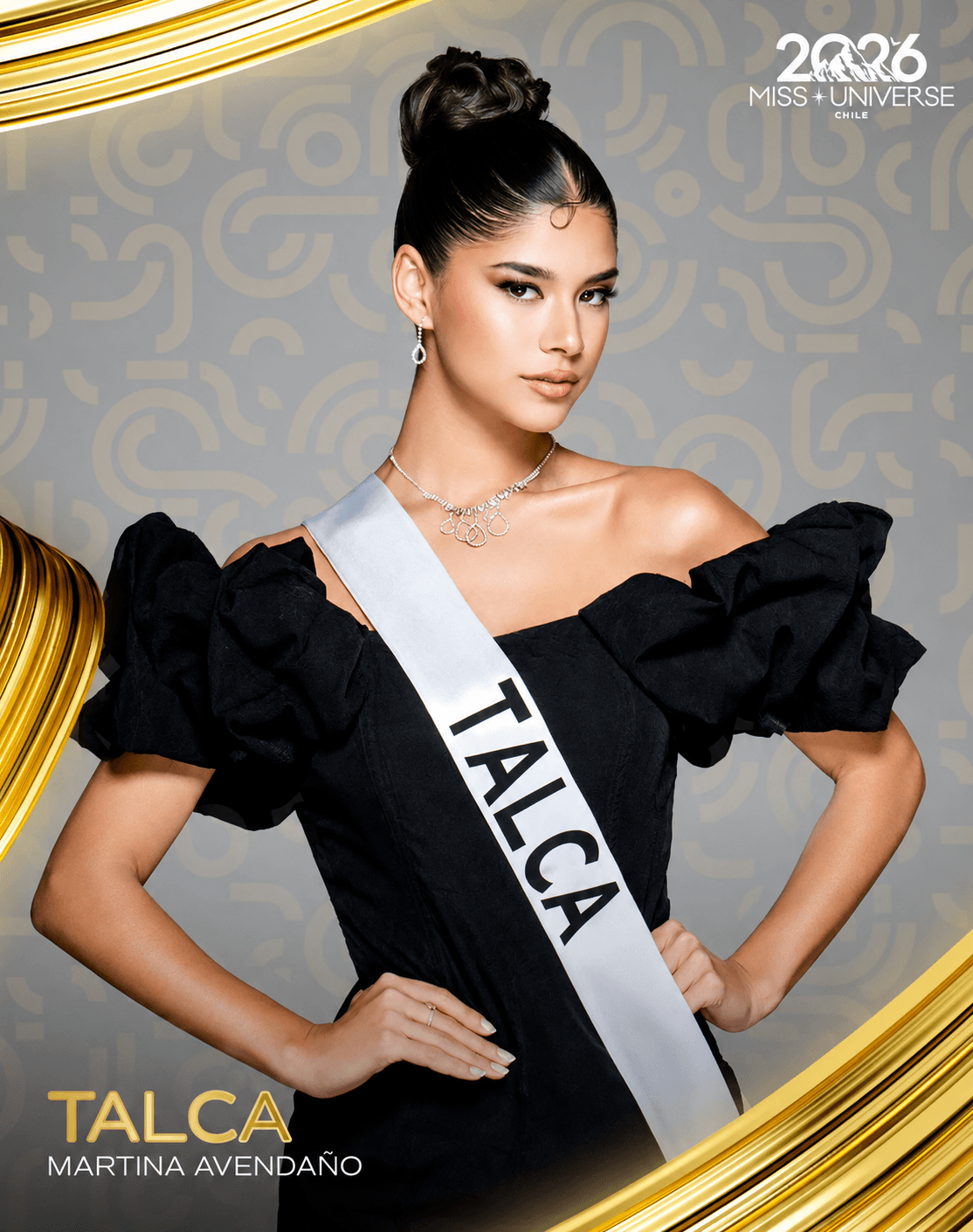 Martina Avendaño, Representante Oficial de Miss Universe Talca 2026, en su tarjeta oficial de la edición.